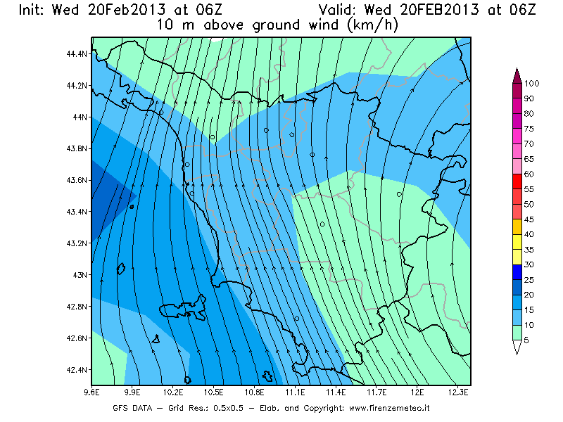 Mappa di analisi GFS - Velocità del vento a 10 metri dal suolo [km/h] in Toscana
									del 20/02/2013 06 <!--googleoff: index-->UTC<!--googleon: index-->