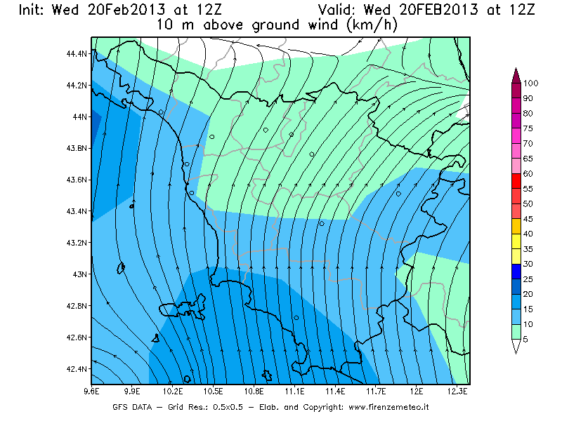 Mappa di analisi GFS - Velocità del vento a 10 metri dal suolo [km/h] in Toscana
									del 20/02/2013 12 <!--googleoff: index-->UTC<!--googleon: index-->
