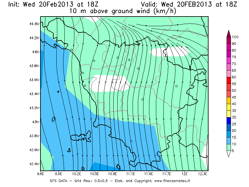 Mappa di analisi GFS - Velocità del vento a 10 metri dal suolo [km/h] in Toscana
									del 20/02/2013 18 <!--googleoff: index-->UTC<!--googleon: index-->