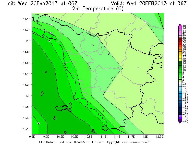Mappa di analisi GFS - Temperatura a 2 metri dal suolo [°C] in Toscana
									del 20/02/2013 06 <!--googleoff: index-->UTC<!--googleon: index-->