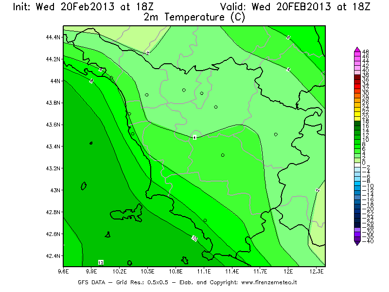 Mappa di analisi GFS - Temperatura a 2 metri dal suolo [°C] in Toscana
									del 20/02/2013 18 <!--googleoff: index-->UTC<!--googleon: index-->