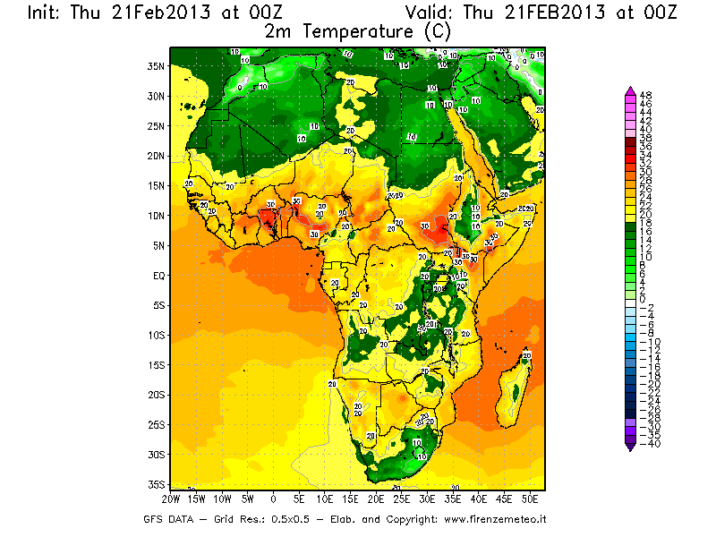 Mappa di analisi GFS - Temperatura a 2 metri dal suolo [°C] in Africa
							del 21/02/2013 00 <!--googleoff: index-->UTC<!--googleon: index-->