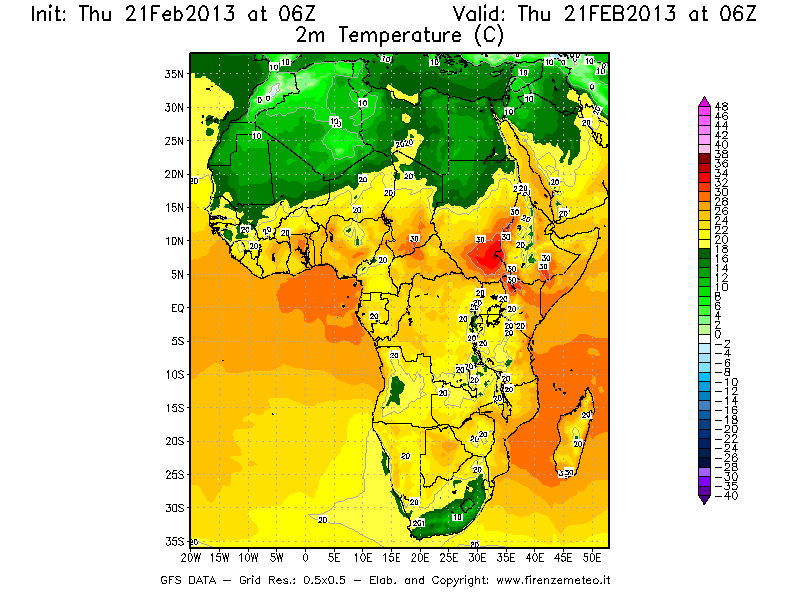 Mappa di analisi GFS - Temperatura a 2 metri dal suolo [°C] in Africa
									del 21/02/2013 06 <!--googleoff: index-->UTC<!--googleon: index-->