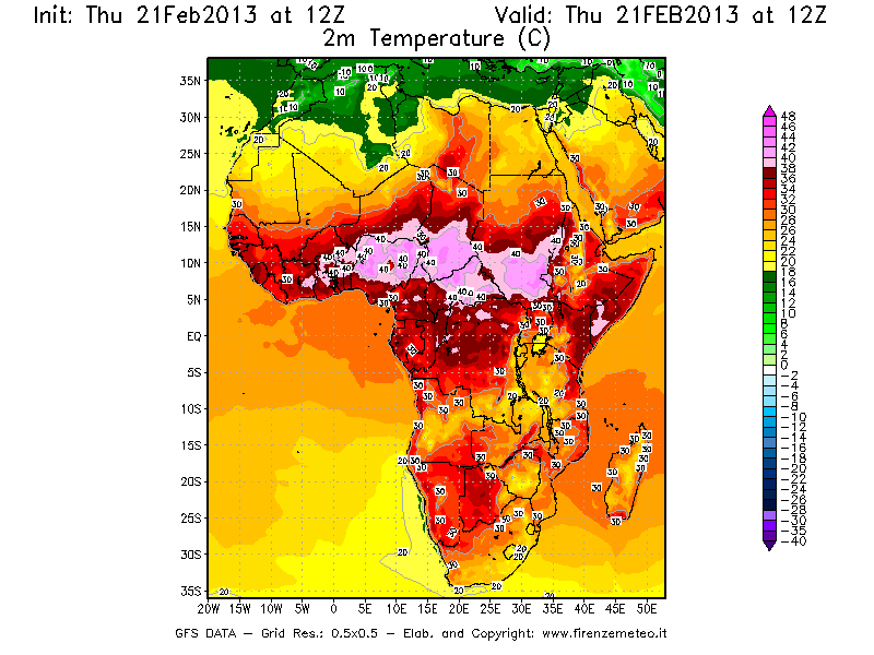 Mappa di analisi GFS - Temperatura a 2 metri dal suolo [°C] in Africa
							del 21/02/2013 12 <!--googleoff: index-->UTC<!--googleon: index-->
