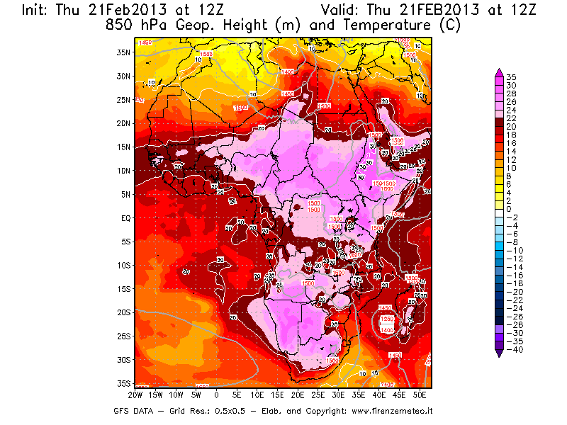 Mappa di analisi GFS - Geopotenziale [m] e Temperatura [°C] a 850 hPa in Africa
							del 21/02/2013 12 <!--googleoff: index-->UTC<!--googleon: index-->