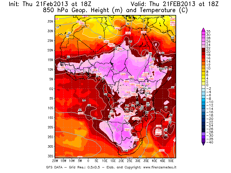 Mappa di analisi GFS - Geopotenziale [m] e Temperatura [°C] a 850 hPa in Africa
							del 21/02/2013 18 <!--googleoff: index-->UTC<!--googleon: index-->
