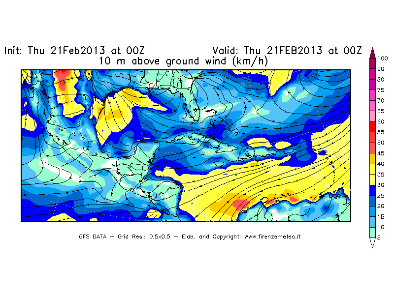Mappa di analisi GFS - Velocità del vento a 10 metri dal suolo [km/h] in Centro-America
									del 21/02/2013 00 <!--googleoff: index-->UTC<!--googleon: index-->