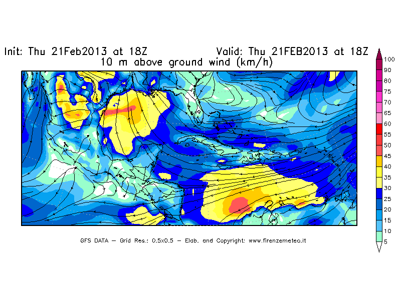 Mappa di analisi GFS - Velocità del vento a 10 metri dal suolo [km/h] in Centro-America
									del 21/02/2013 18 <!--googleoff: index-->UTC<!--googleon: index-->