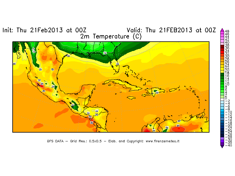 Mappa di analisi GFS - Temperatura a 2 metri dal suolo [°C] in Centro-America
									del 21/02/2013 00 <!--googleoff: index-->UTC<!--googleon: index-->