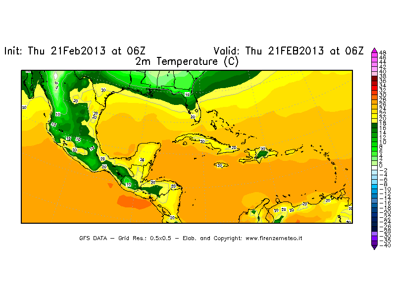 Mappa di analisi GFS - Temperatura a 2 metri dal suolo [°C] in Centro-America
									del 21/02/2013 06 <!--googleoff: index-->UTC<!--googleon: index-->