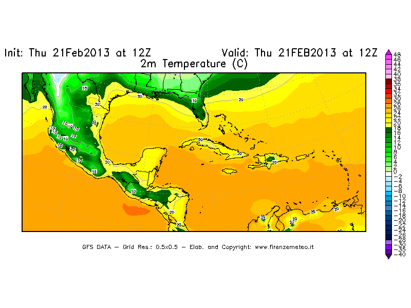 Mappa di analisi GFS - Temperatura a 2 metri dal suolo [°C] in Centro-America
									del 21/02/2013 12 <!--googleoff: index-->UTC<!--googleon: index-->