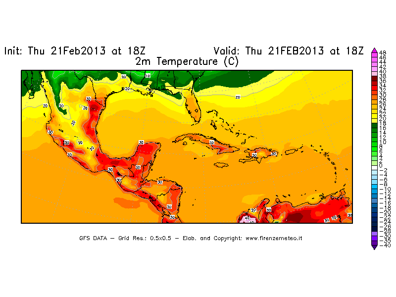 Mappa di analisi GFS - Temperatura a 2 metri dal suolo [°C] in Centro-America
							del 21/02/2013 18 <!--googleoff: index-->UTC<!--googleon: index-->