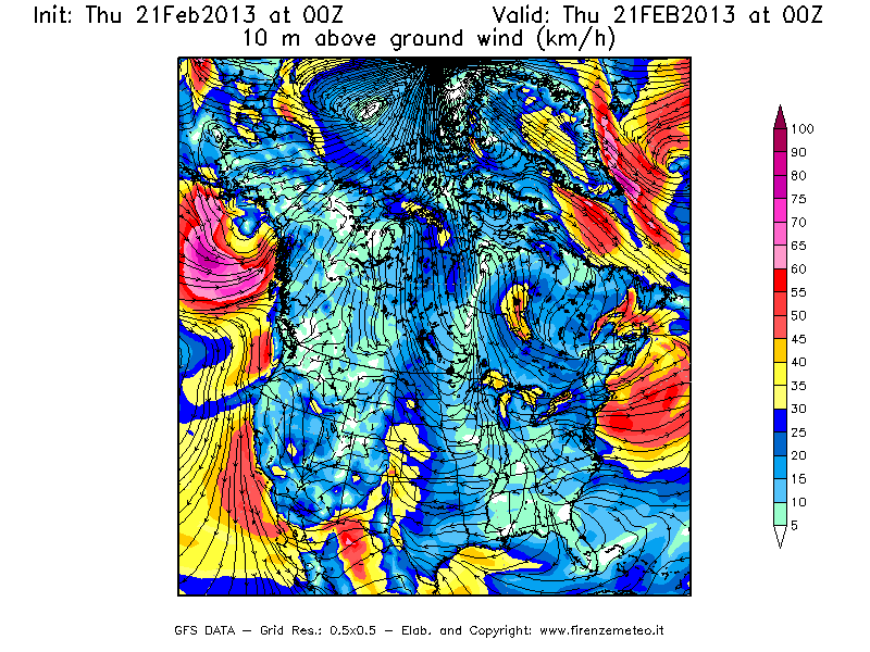 Mappa di analisi GFS - Velocità del vento a 10 metri dal suolo [km/h] in Nord-America
							del 21/02/2013 00 <!--googleoff: index-->UTC<!--googleon: index-->