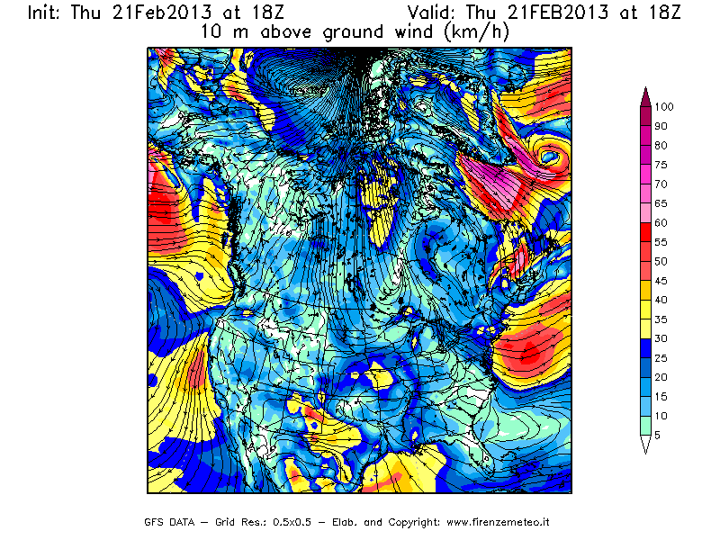 Mappa di analisi GFS - Velocità del vento a 10 metri dal suolo [km/h] in Nord-America
							del 21/02/2013 18 <!--googleoff: index-->UTC<!--googleon: index-->