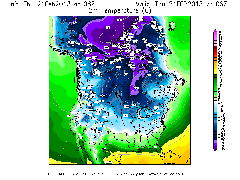 Mappa di analisi GFS - Temperatura a 2 metri dal suolo [°C] in Nord-America
							del 21/02/2013 06 <!--googleoff: index-->UTC<!--googleon: index-->