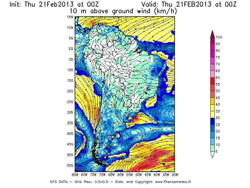 Mappa di analisi GFS - Velocità del vento a 10 metri dal suolo [km/h] in Sud-America
							del 21/02/2013 00 <!--googleoff: index-->UTC<!--googleon: index-->
