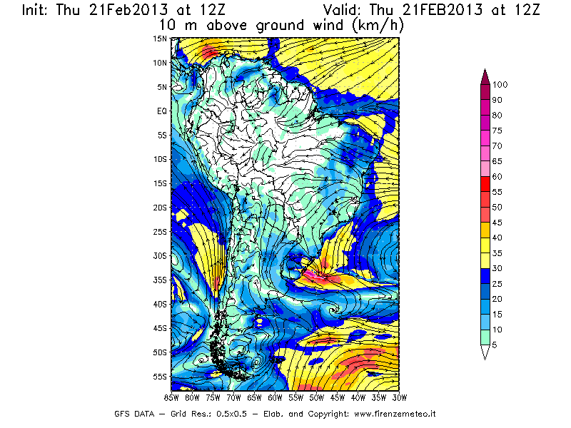 Mappa di analisi GFS - Velocità del vento a 10 metri dal suolo [km/h] in Sud-America
									del 21/02/2013 12 <!--googleoff: index-->UTC<!--googleon: index-->