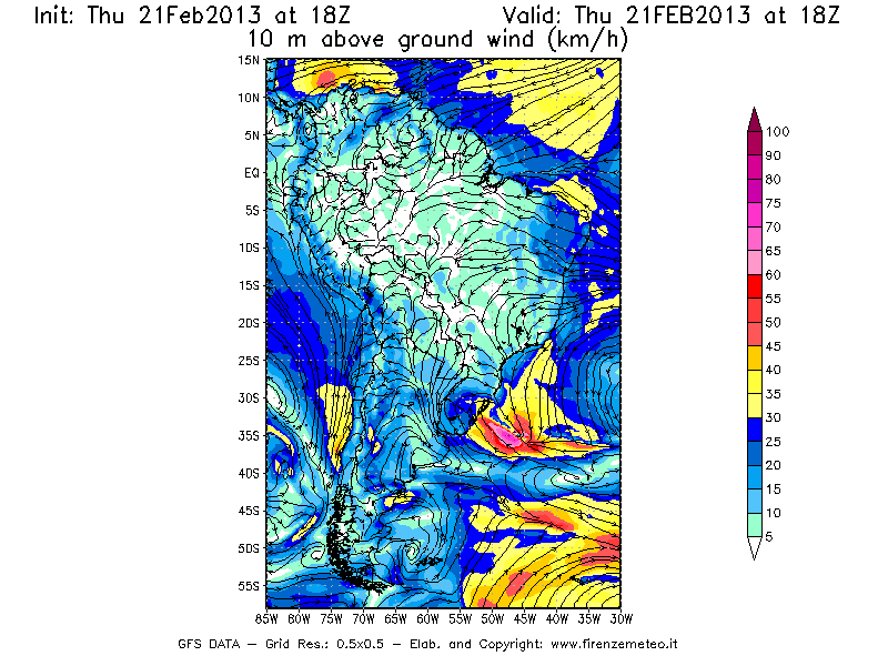 Mappa di analisi GFS - Velocità del vento a 10 metri dal suolo [km/h] in Sud-America
									del 21/02/2013 18 <!--googleoff: index-->UTC<!--googleon: index-->