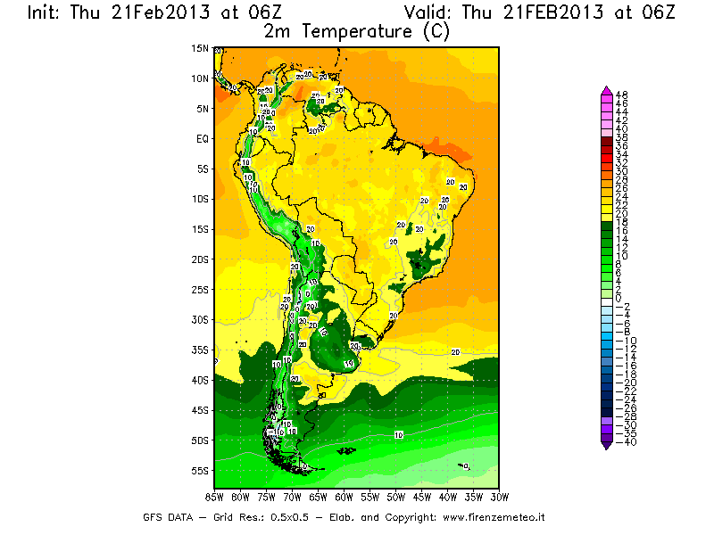 Mappa di analisi GFS - Temperatura a 2 metri dal suolo [°C] in Sud-America
							del 21/02/2013 06 <!--googleoff: index-->UTC<!--googleon: index-->