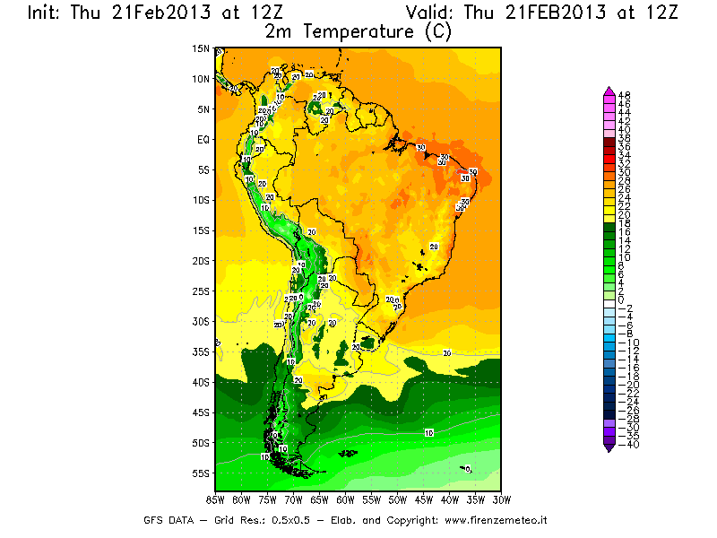 Mappa di analisi GFS - Temperatura a 2 metri dal suolo [°C] in Sud-America
									del 21/02/2013 12 <!--googleoff: index-->UTC<!--googleon: index-->