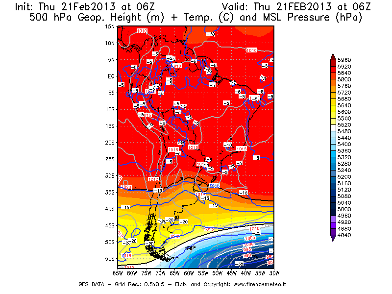 Mappa di analisi GFS - Geopotenziale [m] + Temp. [°C] a 500 hPa + Press. a livello del mare [hPa] in Sud-America
							del 21/02/2013 06 <!--googleoff: index-->UTC<!--googleon: index-->
