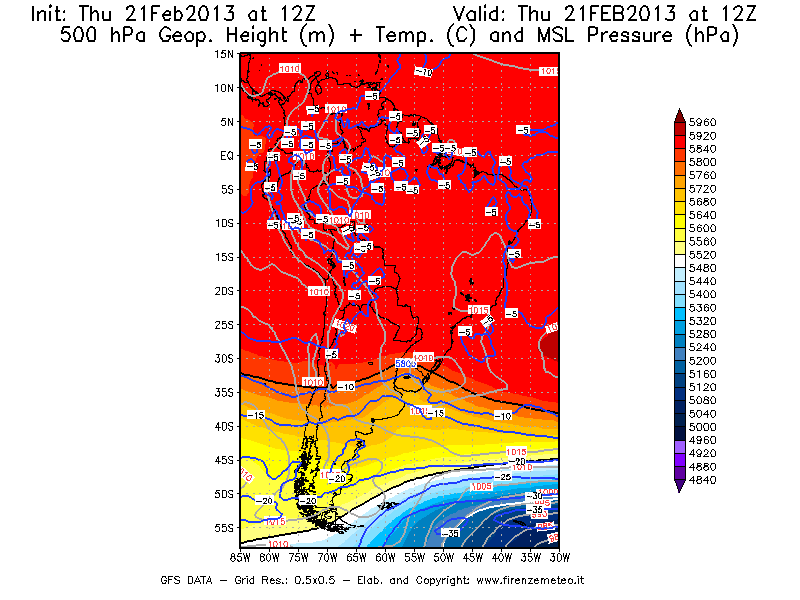 Mappa di analisi GFS - Geopotenziale [m] + Temp. [°C] a 500 hPa + Press. a livello del mare [hPa] in Sud-America
							del 21/02/2013 12 <!--googleoff: index-->UTC<!--googleon: index-->
