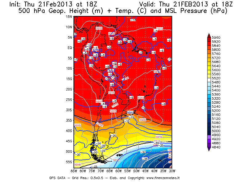 Mappa di analisi GFS - Geopotenziale [m] + Temp. [°C] a 500 hPa + Press. a livello del mare [hPa] in Sud-America
									del 21/02/2013 18 <!--googleoff: index-->UTC<!--googleon: index-->