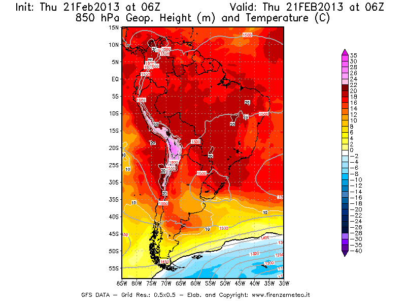 Mappa di analisi GFS - Geopotenziale [m] e Temperatura [°C] a 850 hPa in Sud-America
									del 21/02/2013 06 <!--googleoff: index-->UTC<!--googleon: index-->