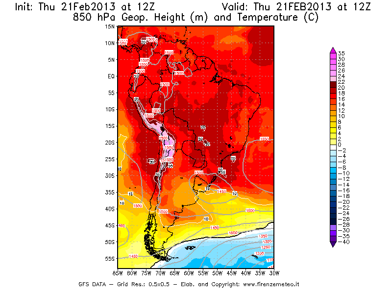Mappa di analisi GFS - Geopotenziale [m] e Temperatura [°C] a 850 hPa in Sud-America
							del 21/02/2013 12 <!--googleoff: index-->UTC<!--googleon: index-->