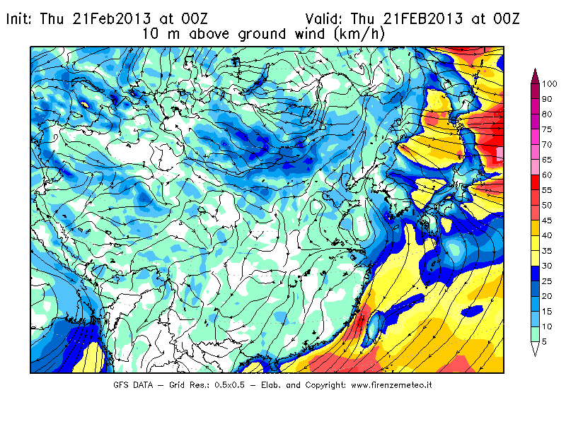 Mappa di analisi GFS - Velocità del vento a 10 metri dal suolo [km/h] in Asia Orientale
							del 21/02/2013 00 <!--googleoff: index-->UTC<!--googleon: index-->