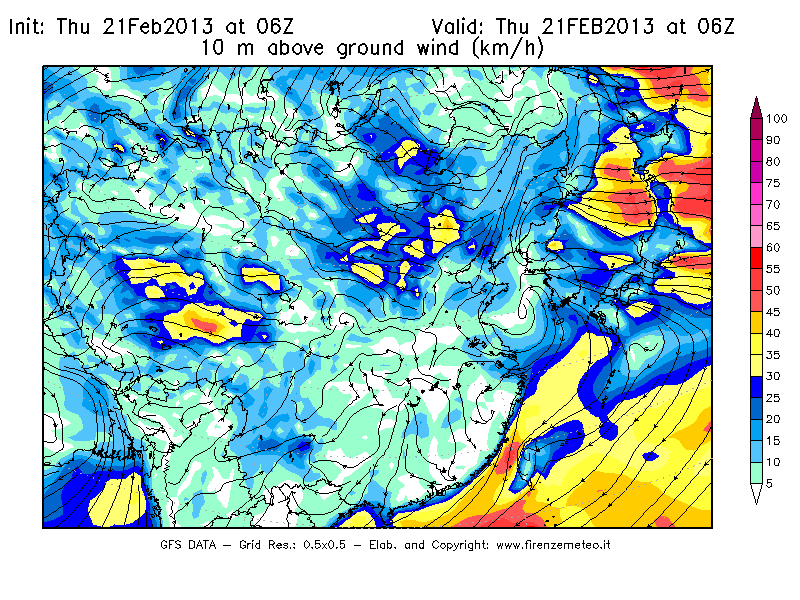 Mappa di analisi GFS - Velocità del vento a 10 metri dal suolo [km/h] in Asia Orientale
									del 21/02/2013 06 <!--googleoff: index-->UTC<!--googleon: index-->