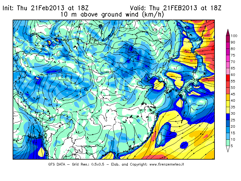 Mappa di analisi GFS - Velocità del vento a 10 metri dal suolo [km/h] in Asia Orientale
									del 21/02/2013 18 <!--googleoff: index-->UTC<!--googleon: index-->
