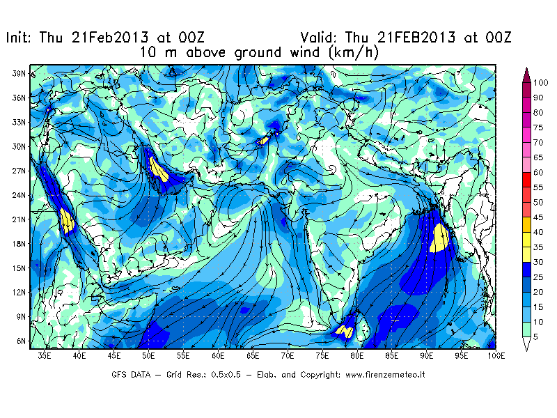 Mappa di analisi GFS - Velocità del vento a 10 metri dal suolo [km/h] in Asia Sud-Occidentale
									del 21/02/2013 00 <!--googleoff: index-->UTC<!--googleon: index-->