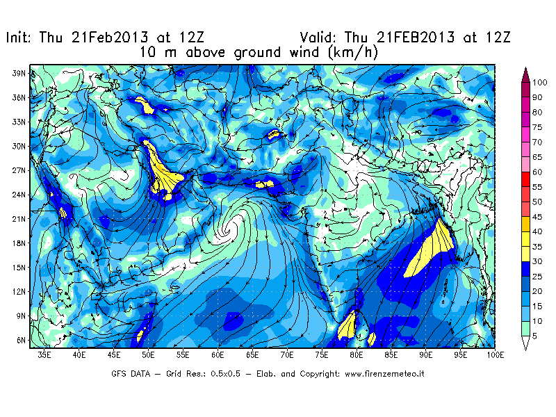 Mappa di analisi GFS - Velocità del vento a 10 metri dal suolo [km/h] in Asia Sud-Occidentale
									del 21/02/2013 12 <!--googleoff: index-->UTC<!--googleon: index-->