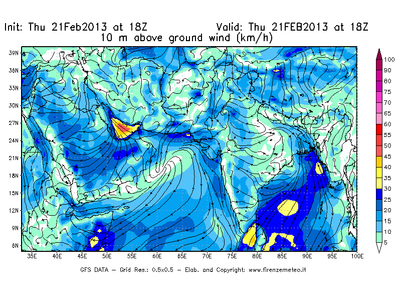 Mappa di analisi GFS - Velocità del vento a 10 metri dal suolo [km/h] in Asia Sud-Occidentale
							del 21/02/2013 18 <!--googleoff: index-->UTC<!--googleon: index-->
