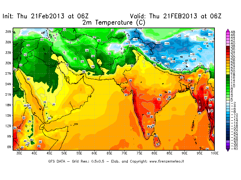 Mappa di analisi GFS - Temperatura a 2 metri dal suolo [°C] in Asia Sud-Occidentale
									del 21/02/2013 06 <!--googleoff: index-->UTC<!--googleon: index-->