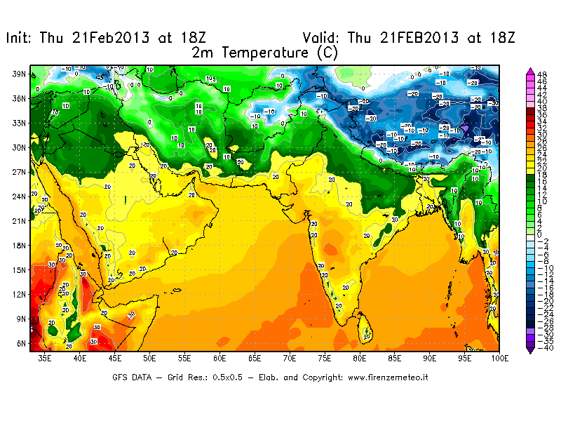 Mappa di analisi GFS - Temperatura a 2 metri dal suolo [°C] in Asia Sud-Occidentale
									del 21/02/2013 18 <!--googleoff: index-->UTC<!--googleon: index-->