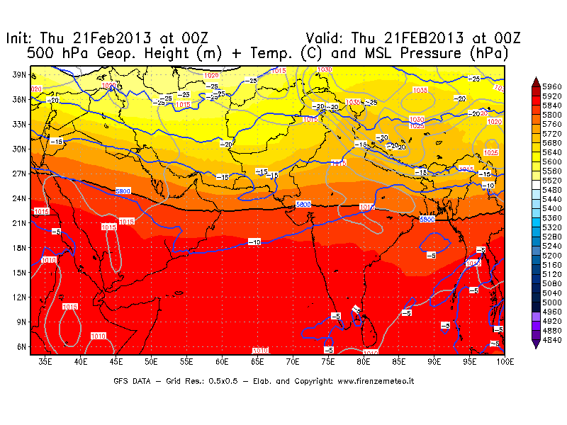 Mappa di analisi GFS - Geopotenziale [m] + Temp. [°C] a 500 hPa + Press. a livello del mare [hPa] in Asia Sud-Occidentale
							del 21/02/2013 00 <!--googleoff: index-->UTC<!--googleon: index-->