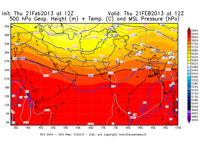 Mappa di analisi GFS - Geopotenziale [m] + Temp. [°C] a 500 hPa + Press. a livello del mare [hPa] in Asia Sud-Occidentale
									del 21/02/2013 12 <!--googleoff: index-->UTC<!--googleon: index-->