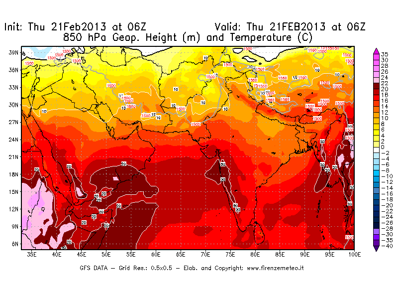 Mappa di analisi GFS - Geopotenziale [m] e Temperatura [°C] a 850 hPa in Asia Sud-Occidentale
							del 21/02/2013 06 <!--googleoff: index-->UTC<!--googleon: index-->