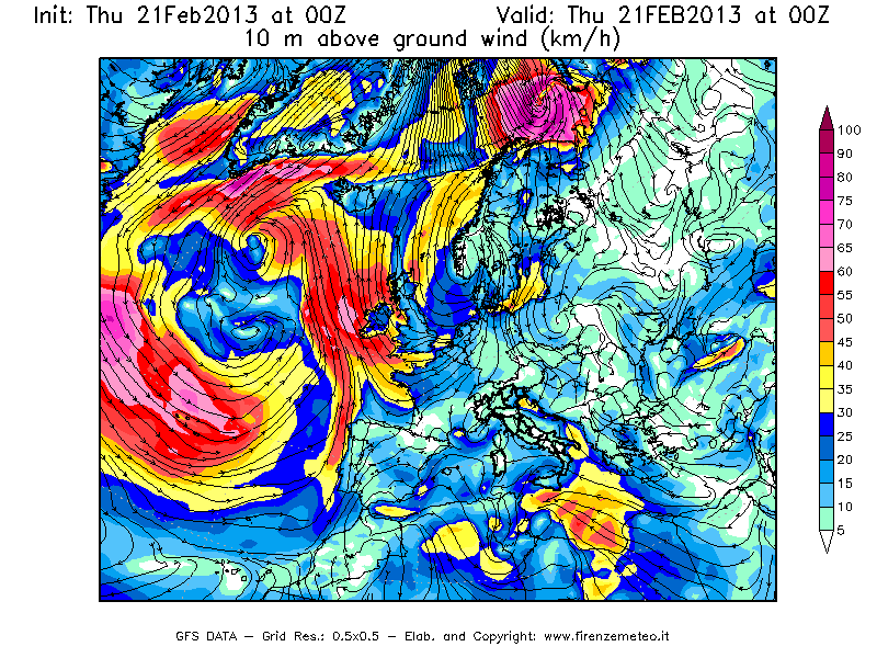 Mappa di analisi GFS - Velocità del vento a 10 metri dal suolo [km/h] in Europa
							del 21/02/2013 00 <!--googleoff: index-->UTC<!--googleon: index-->