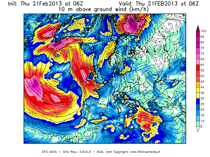 Mappa di analisi GFS - Velocità del vento a 10 metri dal suolo [km/h] in Europa
									del 21/02/2013 06 <!--googleoff: index-->UTC<!--googleon: index-->