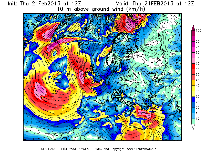 Mappa di analisi GFS - Velocità del vento a 10 metri dal suolo [km/h] in Europa
									del 21/02/2013 12 <!--googleoff: index-->UTC<!--googleon: index-->
