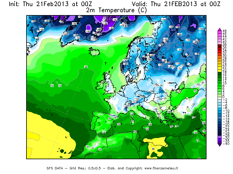 Mappa di analisi GFS - Temperatura a 2 metri dal suolo [°C] in Europa
							del 21/02/2013 00 <!--googleoff: index-->UTC<!--googleon: index-->