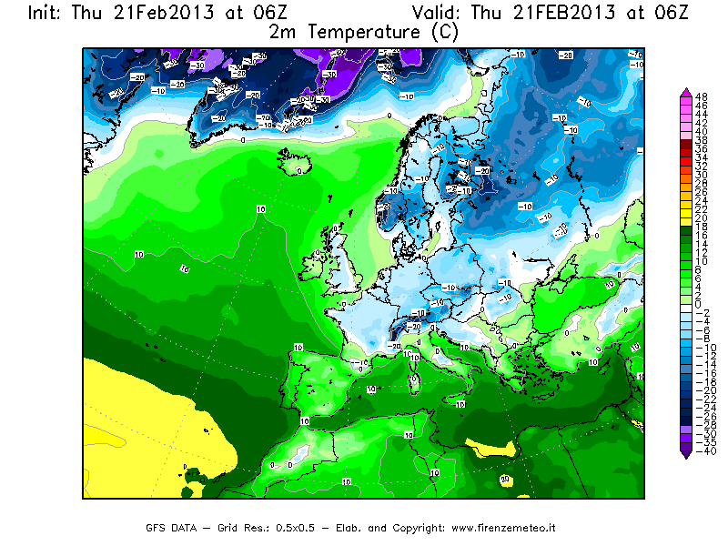 Mappa di analisi GFS - Temperatura a 2 metri dal suolo [°C] in Europa
									del 21/02/2013 06 <!--googleoff: index-->UTC<!--googleon: index-->