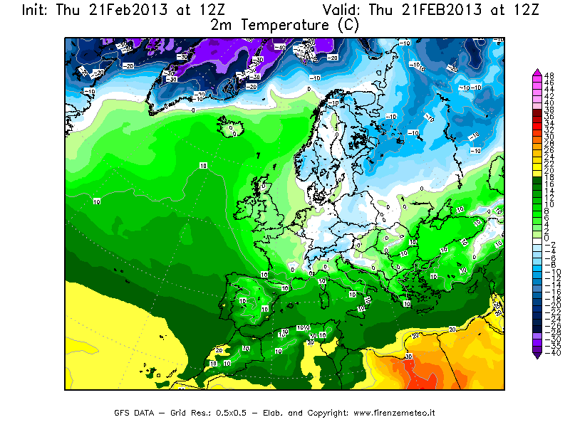 Mappa di analisi GFS - Temperatura a 2 metri dal suolo [°C] in Europa
									del 21/02/2013 12 <!--googleoff: index-->UTC<!--googleon: index-->