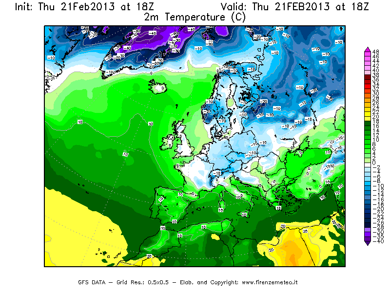 Mappa di analisi GFS - Temperatura a 2 metri dal suolo [°C] in Europa
									del 21/02/2013 18 <!--googleoff: index-->UTC<!--googleon: index-->