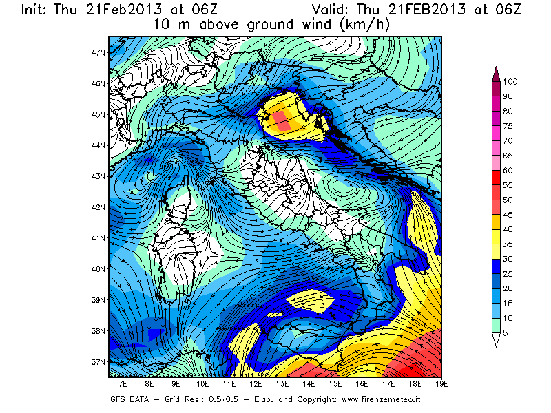 Mappa di analisi GFS - Velocità del vento a 10 metri dal suolo [km/h] in Italia
							del 21/02/2013 06 <!--googleoff: index-->UTC<!--googleon: index-->