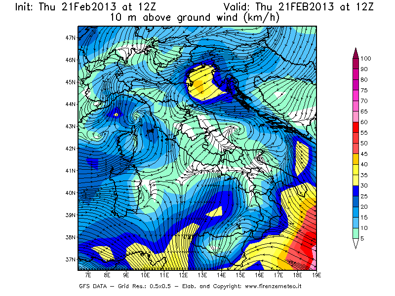 Mappa di analisi GFS - Velocità del vento a 10 metri dal suolo [km/h] in Italia
									del 21/02/2013 12 <!--googleoff: index-->UTC<!--googleon: index-->