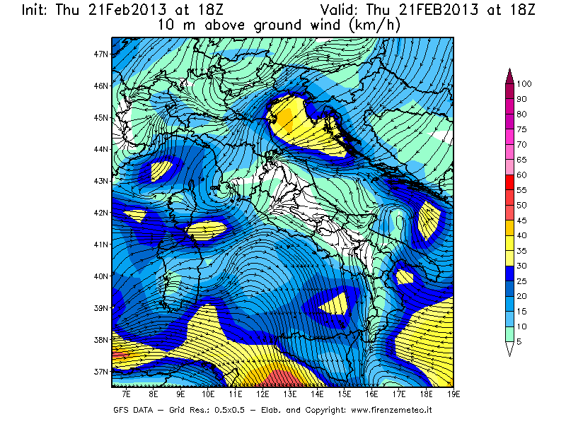 Mappa di analisi GFS - Velocità del vento a 10 metri dal suolo [km/h] in Italia
							del 21/02/2013 18 <!--googleoff: index-->UTC<!--googleon: index-->